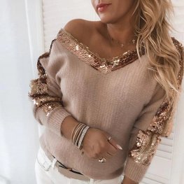 Women Elegant Sequin Sweaters Sexy Off Shoulder V Neck Tops Women Elegant Sequin Sweaters Sexy Off Shoulder V Neck Tops